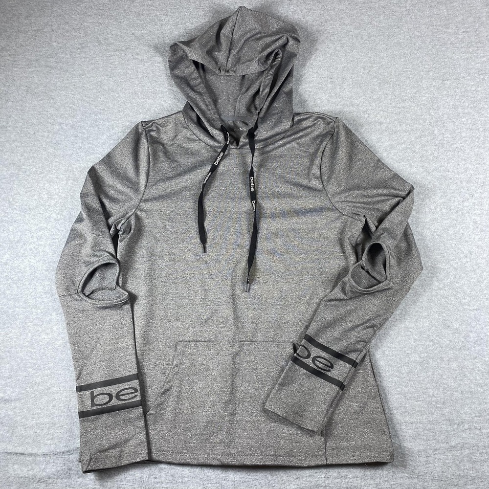 Bebe Hoodie Womens Small Gray Pullover Lightweight Kangaroo Pocket Logo‎